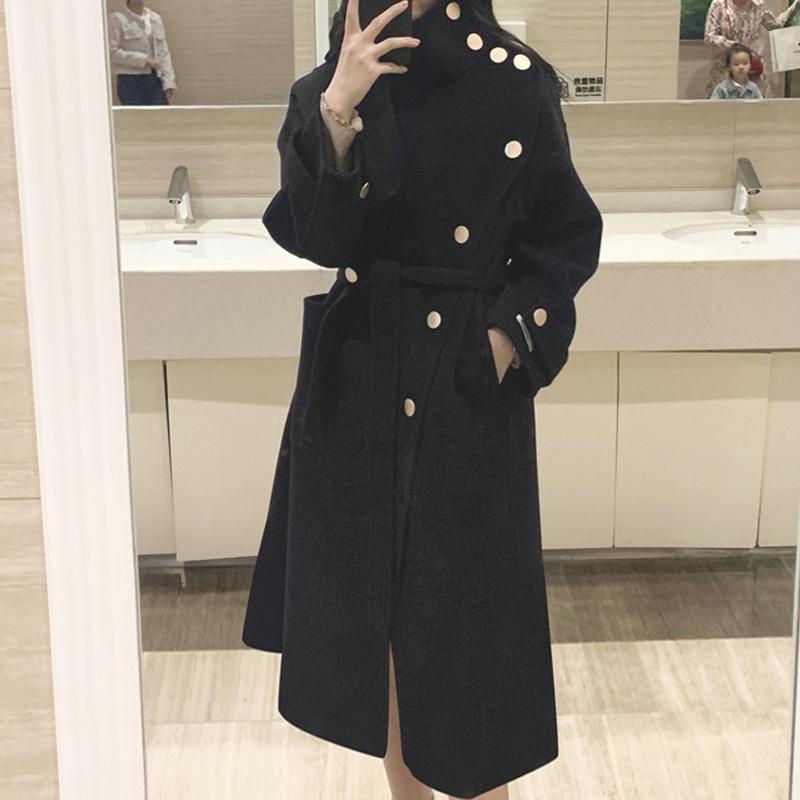 

Woollen coat women's middle and long style Korean style stand collar thickened large Hepburn woolen coat small fashion, Black 471