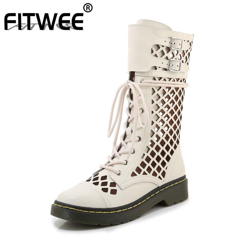 

FITWEE Spring Summer Real Leather Women Boots Hollow Lacing Buckle Shoes Women Fashion Solid Color Casual Footwear Size 34-39, Black