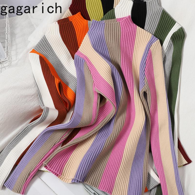 

Gagarich Women Sweet Sweater Autumn Winter New Color Matching Striped Long Sleeve Slim Femme Bottoming Pullovers Top Tide Wild, Grey black