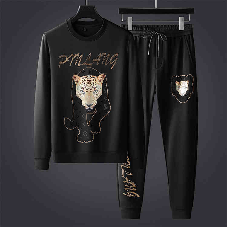 

Men's Tracksuits Leopard head printing diamond national clothes round neck sweater set men's winter fashion leisure sportswear suit 8Y64, 1# shoe box