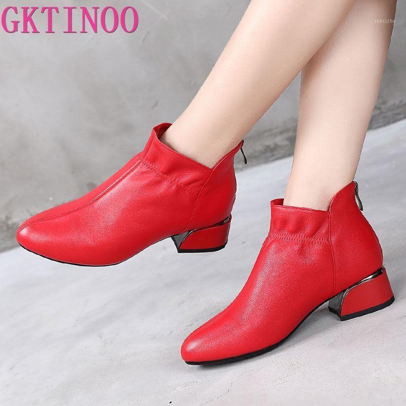 

GKTINOO Fashion Genuine Leather Ankle Boots Women Thick Heels Zipper Pointed Toe Autumn Winter Woman Shoes Soft Sole Short Boots1, Black with plush
