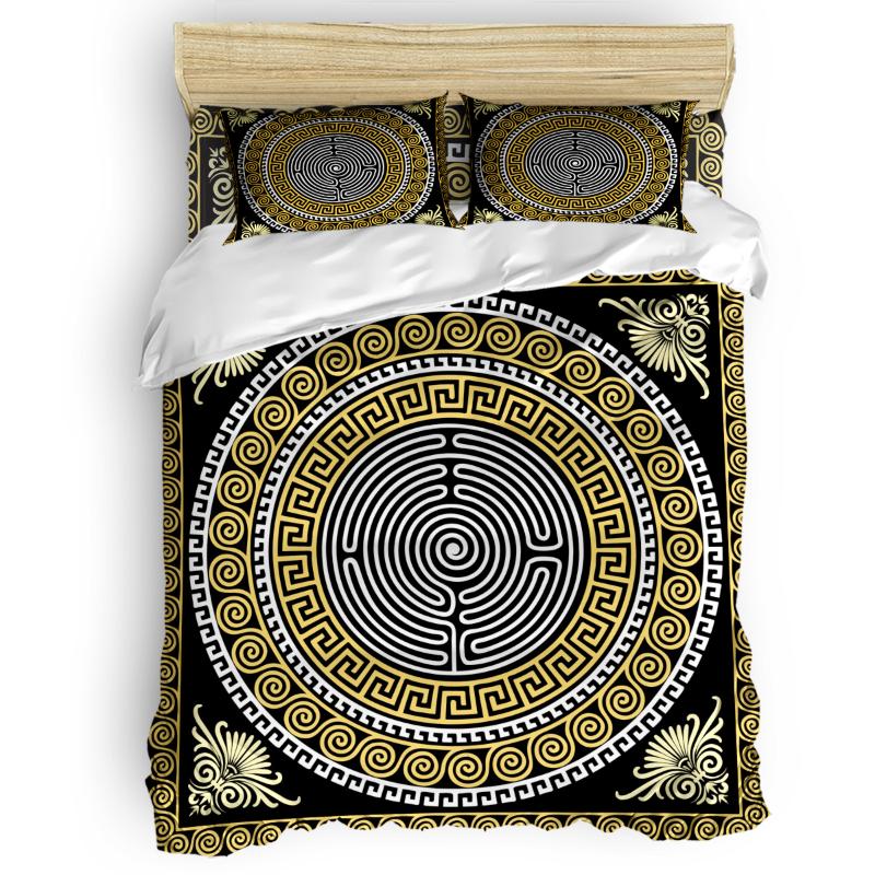 

Circle Pattern Black Golden Yellow Greece Duvet Cover Set 2/3/4pcs Bedding Set Bed Sheet Pillowcases Cover, As pic