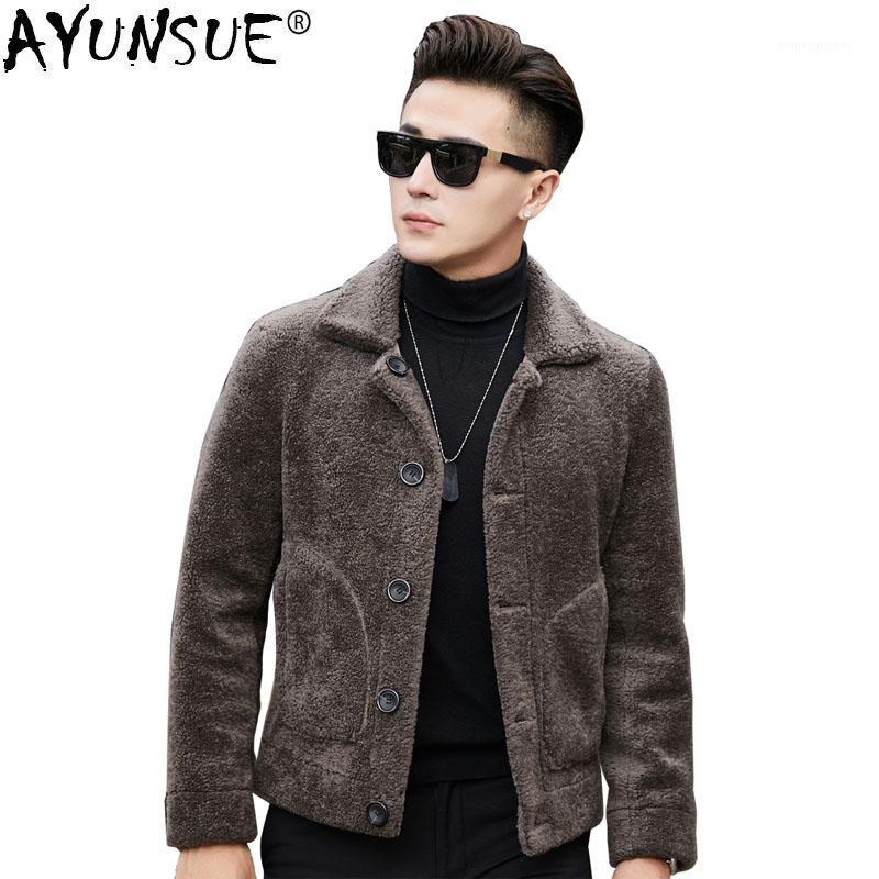 

AYUNSUE Natural Sheep Shearling Fur Coat Short Winter Jacket Men Clothes 100% Wool Fur Coats Mens Plus Size Coat YC1993 MY7701, Black