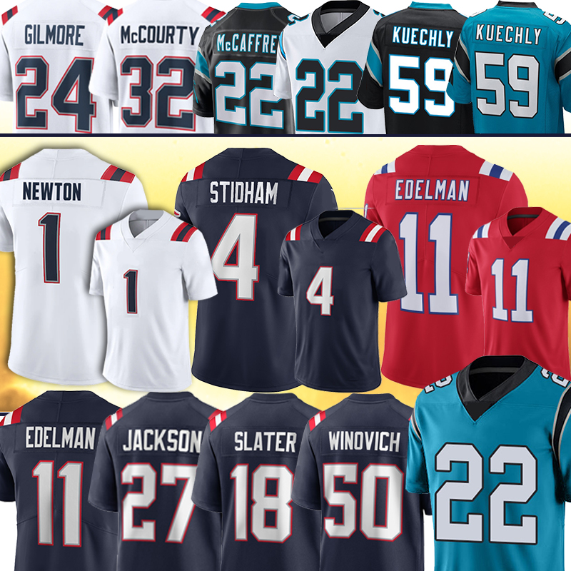 

11 Julian Edelman 1 Cam Newton 4 Jarrett Stidham 26 Sony Michel 24 Stephon Gilmore 22 Christian McCaffrey Football Jerseys, Men