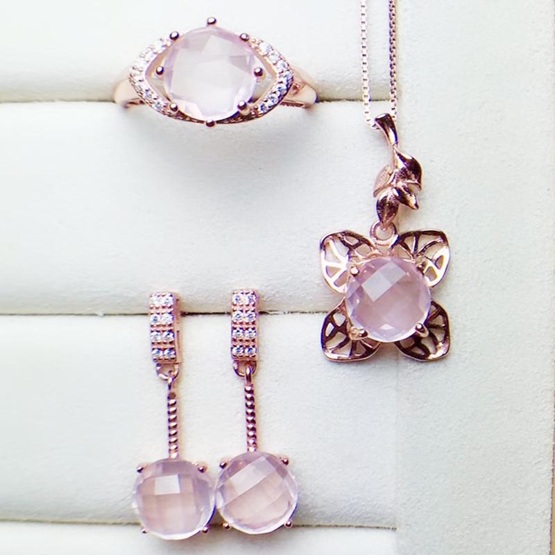 

Bracelet, Earrings & Necklace Per Jewelry Natural Real Round Rose Quartz Set 1pc Ring Pendant 1pair Drop Earring 925 Sterling Silver R203181, Black