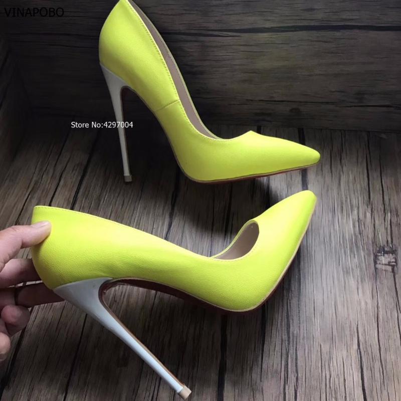 

Plus Size 43 Fluorescent Yellow Color High-heeled Women Pumps Pointed Toe White Heels Shoes Slip-on Stiletto Heels Dress Shoes, 8cm