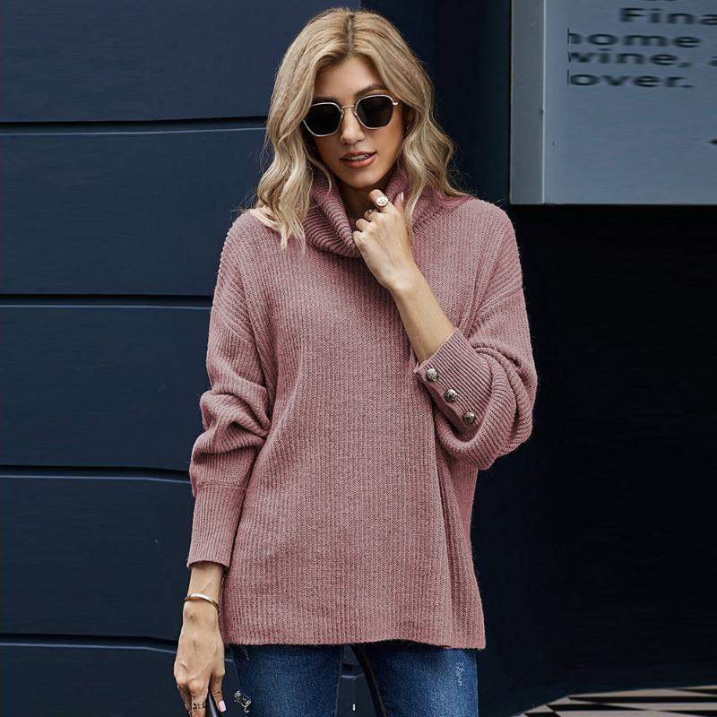 

New Solid Color Stand Collar Thick Warm Sweater Plus Size XXL Button Decoration All-match Top Korean Fall 2021 Women Clothing, Pink