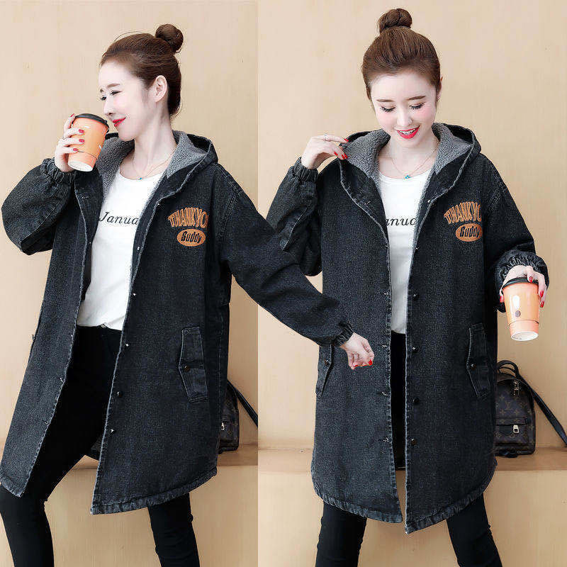 

Manna Size Lamb Wool Female Cotton Medium Length Plus Velvet Warm Thick Winter Denim Jacket Outwear 547 P1ah, Black