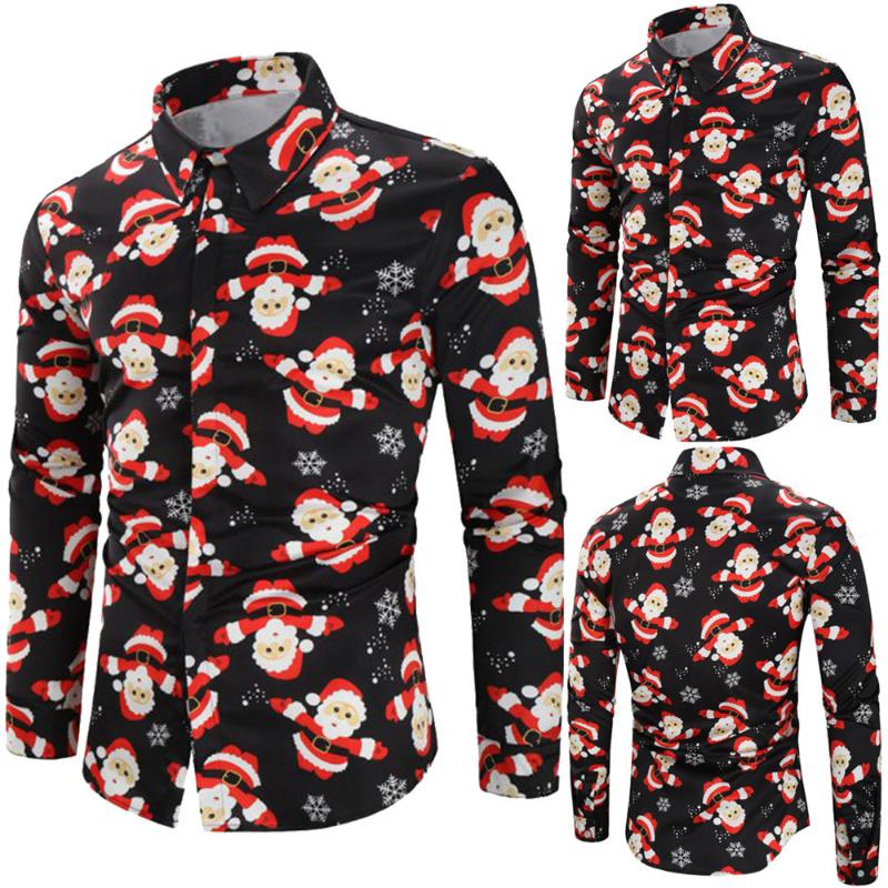 

Men Shirt Men Casual Snowflakes Santa Candy Printed Christmas Shirt Top Blouse, Bk
