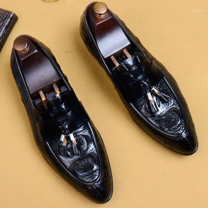 

Crocodile Pattern Men Dress Shoes Handmade Brogue Style Genuine Leather Tassel Wedding Shoes Men Flats Oxfords Formal1, Black
