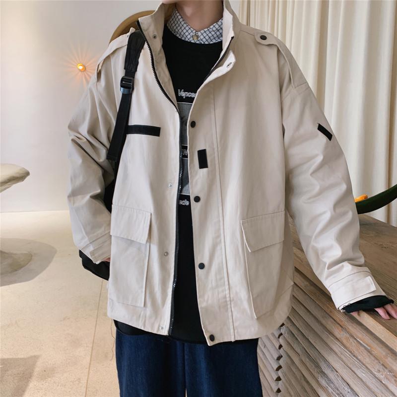 

Workwear Jacket 100% Cotton Solid Color Male Autumn Fashion Jacket Male Korean Style Trend Loose College Style Clothes Beige