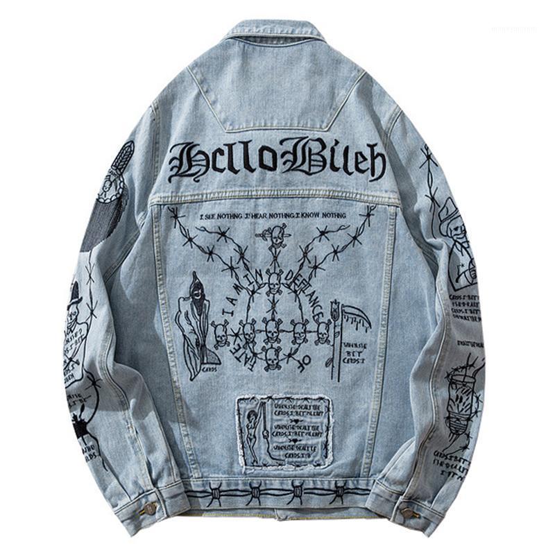 

Sokotoo Men's skull pattern embroidered jean jacket Loose streetwear patchwork light blue denim coat Outerwear1