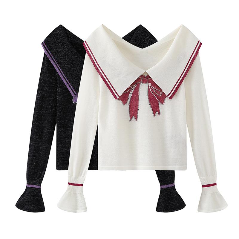 

Sweet Women Sweaters Long Sleeve Woman Short Pullovers Femme Bow Knot Sweaters Tops, Black