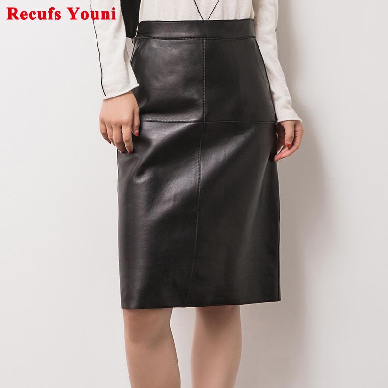 

Classic Spring Female Genuine Leather Skirt Woman Black Sexy Midi Long Slim Over Knee Step Placketing Wrap Faldas Mujer Jupe