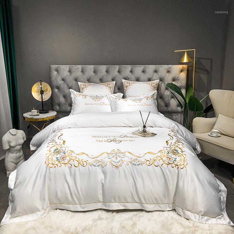 

Glossy Soft Satin Silk Cotton Gold Embroidery Bedding Set Double Duvet Cover Set Bed Linen Fitted Sheet Pillowcase Home Textile1