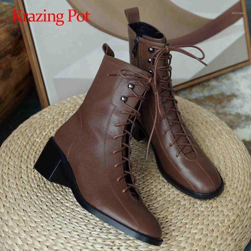 

Krazing pot western boots genuine leather cross-tied recommend round toe thick med heel zipper vintage fashion ankle boots L121, Brown