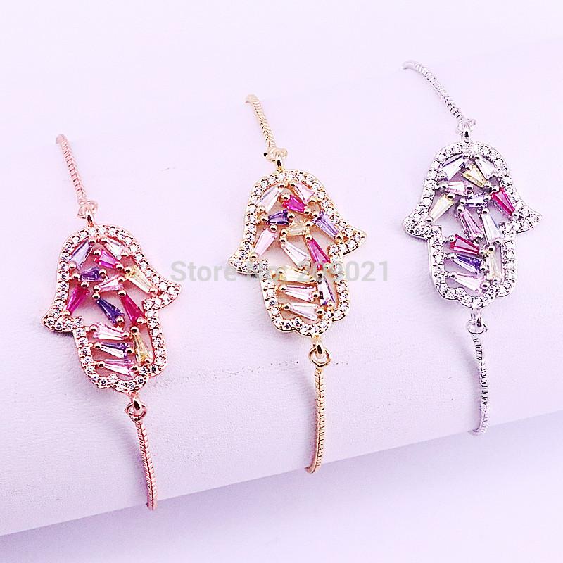 

10Pcs Cubic Zirconia Crystal Micro Pave Hamsa Hand Colorful CZ Connector with Adjustable Slider Chain Bracelets