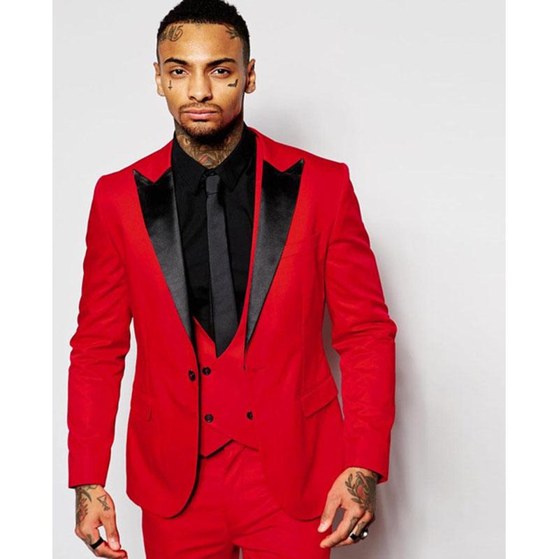

Fashion Red Mens Suits Black Peaked Lapel Three Pieces Groom Tuxedo men suit Custom Made Slim Fit Groomsmen ( Jacket+Pants+Vest