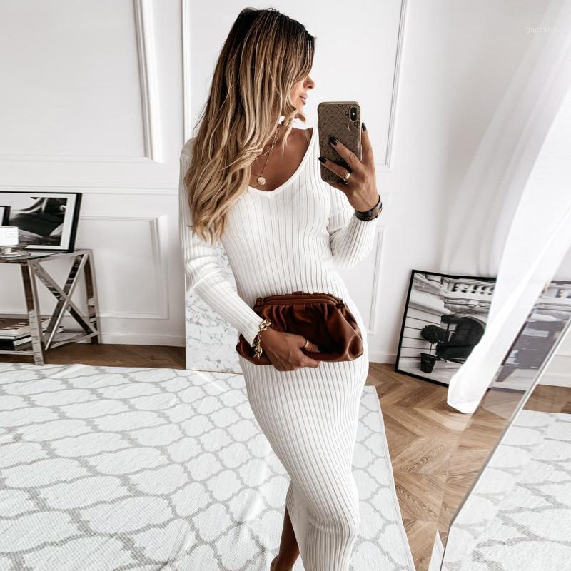 

Casual Dresses JAYCOST Ankle-Length Knitted Dress Sexy Long Sleeve Autumn Stretchy Elastic Elegant V-Neck Women Solid Bodycon1, Black;gray
