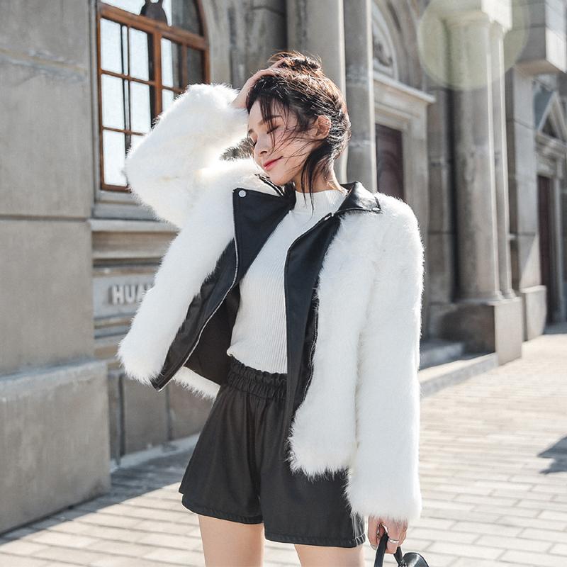 

2020 winter new fashion imitation fur PU leather jacket female short stitching Double-faced Fur zipper motorcycle clothing, White