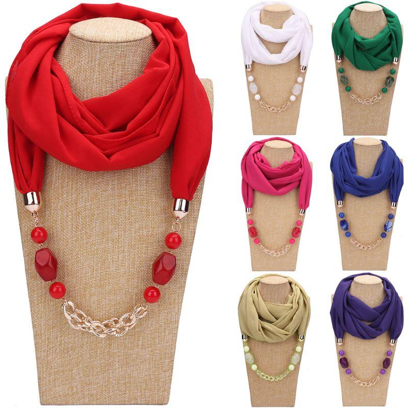 

Womens Classic Style Chiffon Necklace Sash Scarf With Jewelry Pendant Shawl Gift