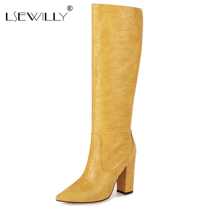 

Lsewilly Women Western Black Knee High Boots Pointed Toe Cowboy Boots Chunky High Heels Runway Ladies Motorcycle