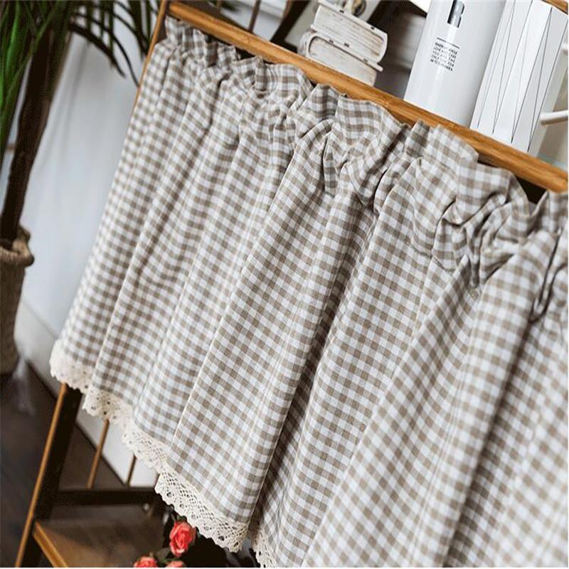 

Free Shipping high quality tube pastoral grid Curtain Many flowers Lace Coffee Curtain Kitchen Short Small, Beige grid