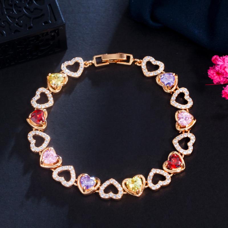 

Link, Chain BeaQueen Femme Wedding Accessories Jewelry Romantic Heart Shape Multicolor Cubic Zirconia Stones Tennis Bracelet For Brides B222