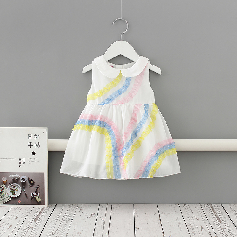 

2021 New Infant Summer Peter Pan Collar Princess Toddler Baby Girl Es Party Wedding Kids Clothes Outfit with Raiow 0-2y 9aou, White