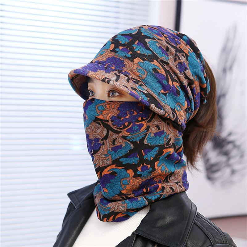 

2Pcs/Set Winter Outdoor Cycling Facemask Set Windproof Hat+Scarfs Warm Creative Print Women Riding Hat Mask, Type 2