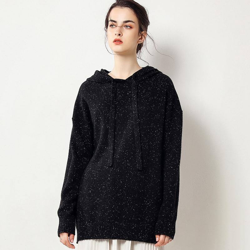 

2020 New fashion 100% pure cashmere hooded cashmere sweater medium long loose sweater, Black