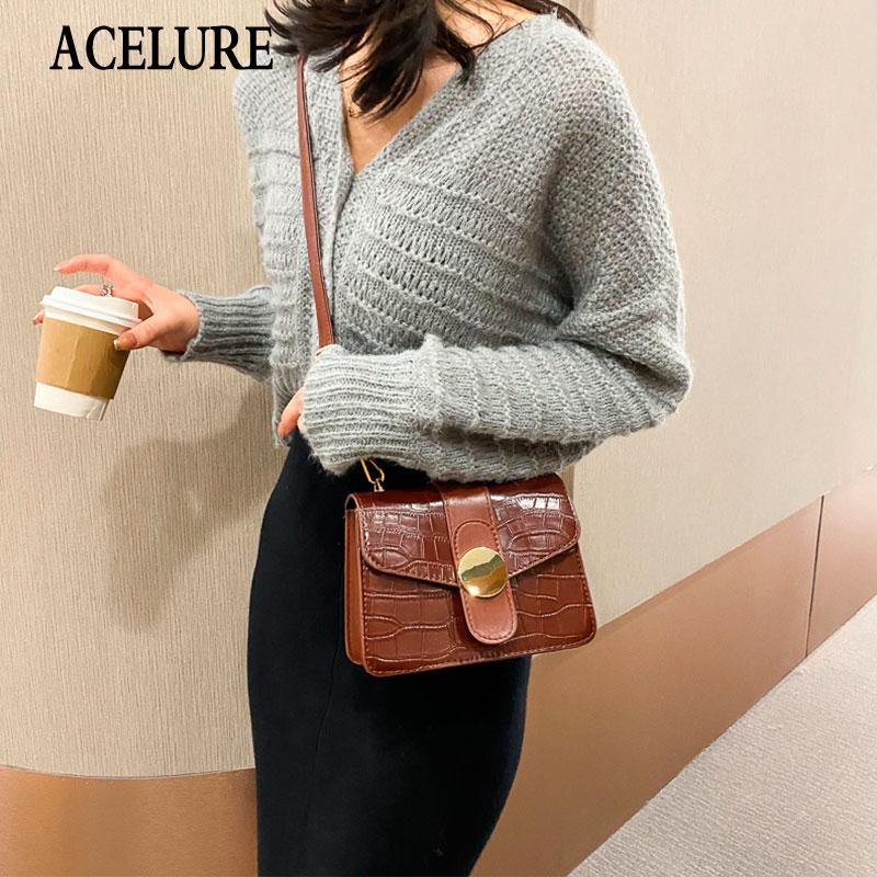 

ACELURE Solid Color Female Fashion Shopping Bag Small Shoulder Crossbody Bags for Women Alligator PU Leather Messenger Bags, Black