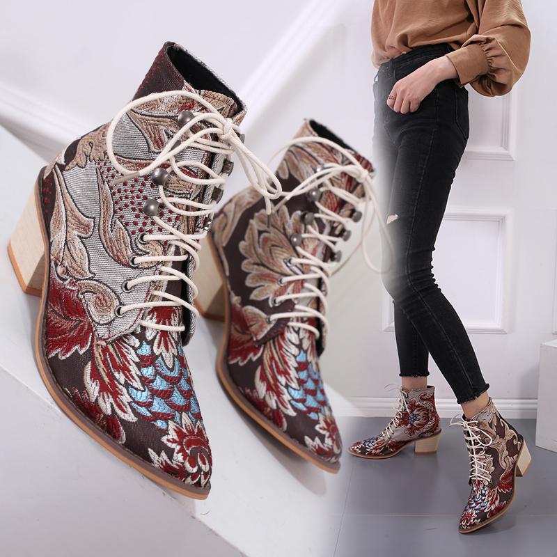 

MoneRffi 2020 Spring Retro Women Embroidery Flower Short Boots Lady Elegant Lace Up Ankle Boots Female Chunky Botas Mujer