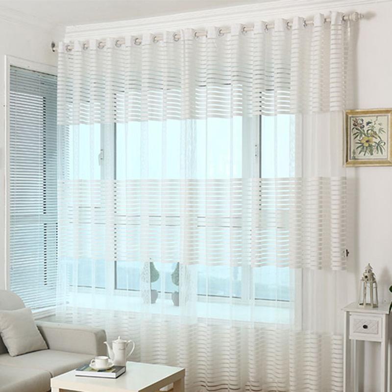 

High quality striped window curtain for bedroom four colors assorted voile 100% poly sheer for living room, White