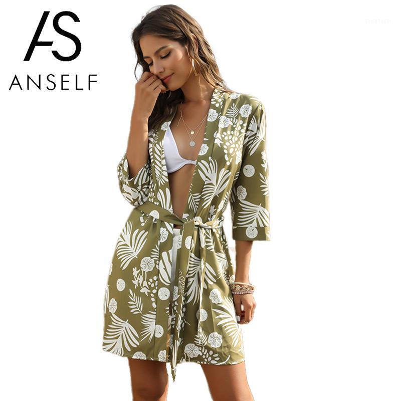

Fashion beach cover up Women Chiffon Leaves Print Cardigan 3/4 Sleeve Detachable Sashes Loose Beach Blouse Boho bikini cover up1