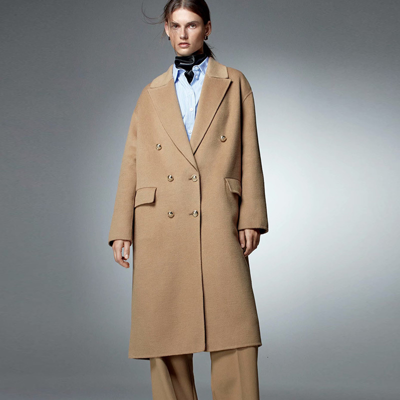 

2021 New Winter Woolen Turn Down Collar Double Breasted Long Wool Solid Women Warm Coat Casaco Feminino Dudg, Yellow