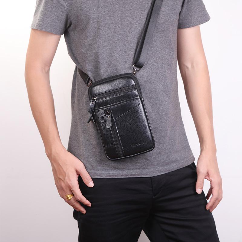 

Genuine Leather Cowhide Men's Fashion Cross Body Messenger Shoulder Bags Mini Casual Belt Waist Fanny Pack Phone Pouch Wallet, Black
