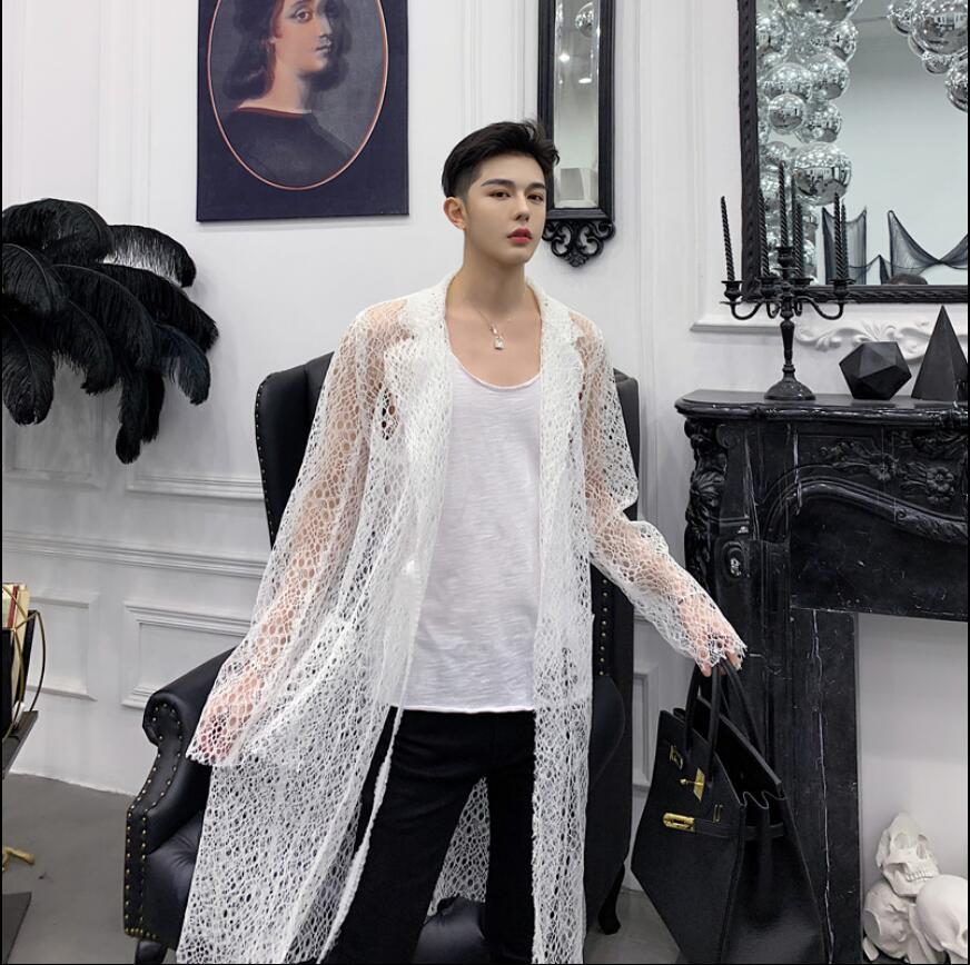 

2020 New Sexy Spring Personality Lace Hollow Design Men's Shirts Long Section Loose Nightclub Youth Coat Singing Stage Attire Lgba, Black