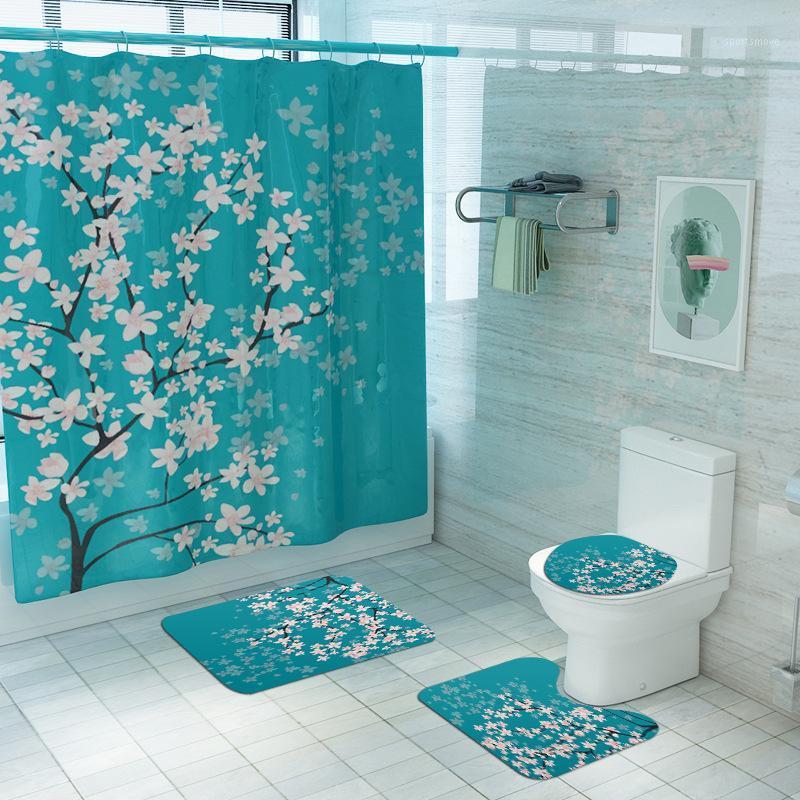 

Cherry Blossoms Print Fabric Shower Curtains Bathroom Curtain Set Flower Anti-skid Rugs Carpet Toilet Lid Cover Bath Mat Sets1
