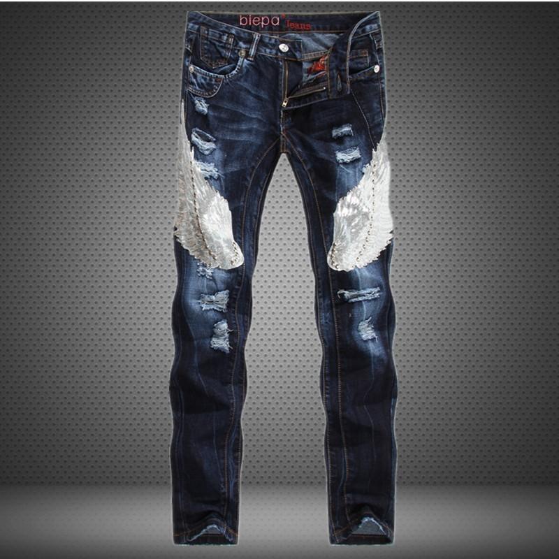 

European and American men's Jeans Blue Eagle splicing SLIM STRAIGHT JEANS trendy 588, See chart