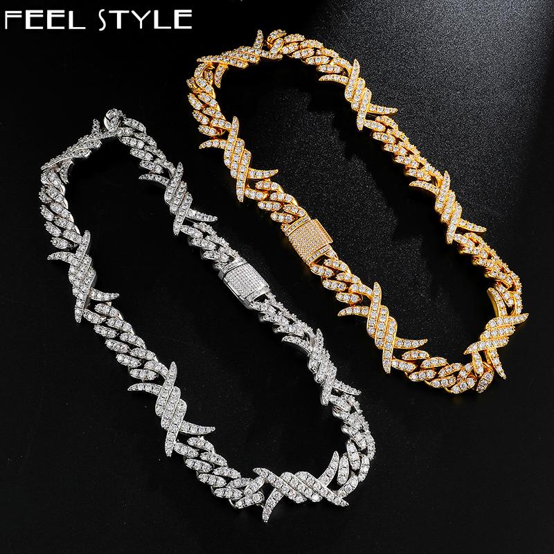 

Hip Hop 19MM Iced Out Bling CZ Heavy Rock Thorns Box Buckle Cuban Link Cubic Choker Necklaces For Men Jewelry With Solid Back
