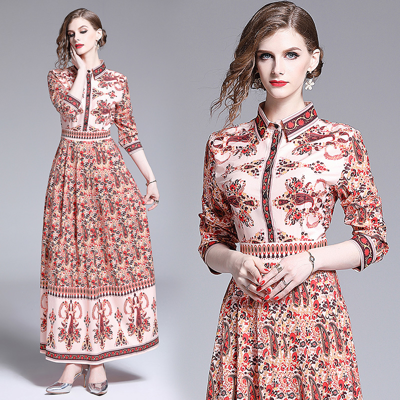 

2021 New Merchall Spring Autumn Runway Maxi Ladies Sleeve Chic Printing Long Boho Vestido De Mujer Verano 67og, The picture color