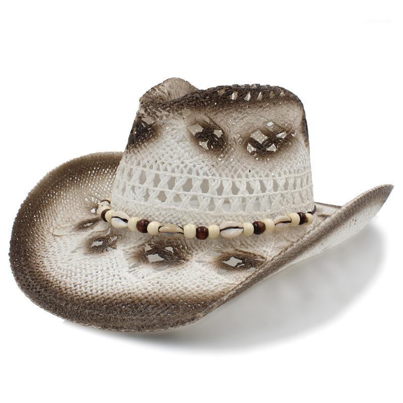 

Women Men Western Sun Hat With Shell Band Handmade Weave Lady Gentleman Beach Sun Sombrero Cowboy Hat Size 58CM A01101, Straw
