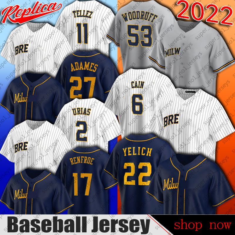 

Milwaukee 22 Christian Yelich 6 Lorenzo Cain Jersey Baseball Luis Urias Brandon Woodruff Kolten Wong Jerseys Robin Yount Omar Narvaez Adames Corbin Burnes Tellez, Man custom jersey (njr)