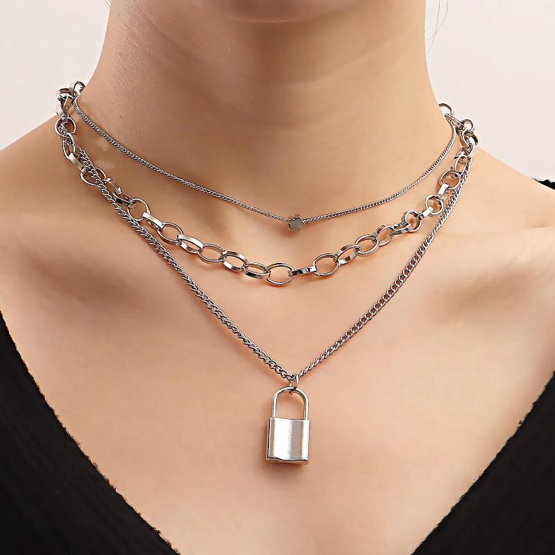 

Chains Trendy Accessories, Punk Hip-hop Exaggerated Double Collar Bone Chain Locket Necklace, Metal