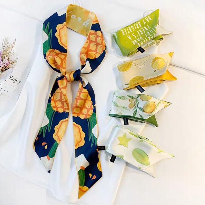 

Fashion Beautiful Fruits Ribbon Luxury Bag Strap Scarf Women Silk Scarf Head Headwear Long Scarves Bag Accessories