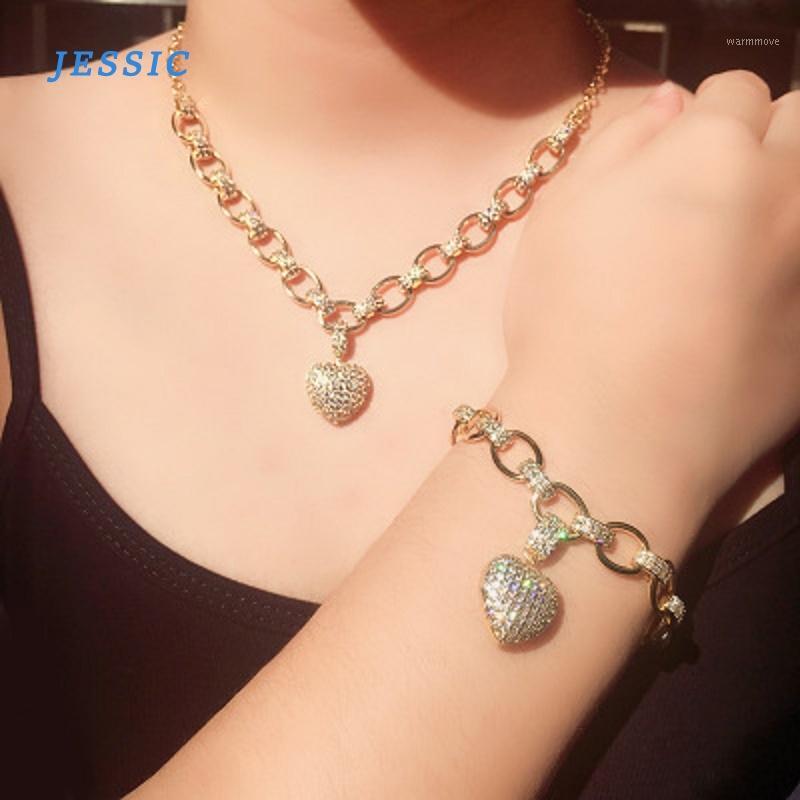 

JESSIC Heart Shape Jewelry Sets Paved Micro Cubic Zirconia Gold Color Pendant Necklace Bracelets Bangles For Women1