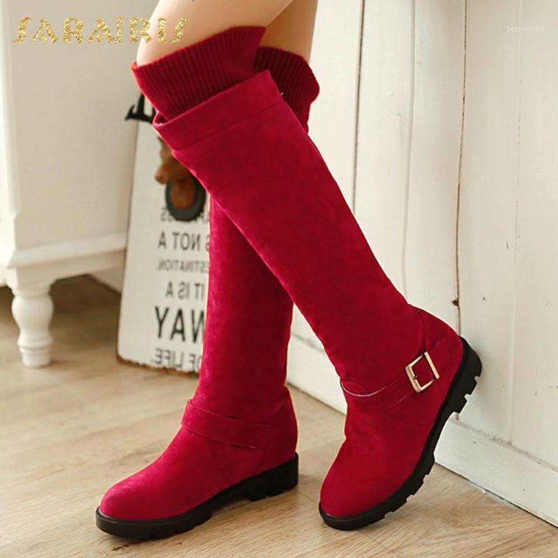 

Sarairis 2021 New Arrivals Leiusre Buckle INS Hot Shoes Ladies Boots Thick Heels Concise Elastic Band Knee High Boot Woman1, Black