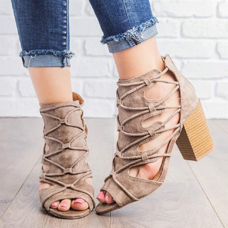 

Women shoes summer open toe high heels gladiator sandals ladies sexy cross strappy block heeled roman shoes big size sandalias1, Black