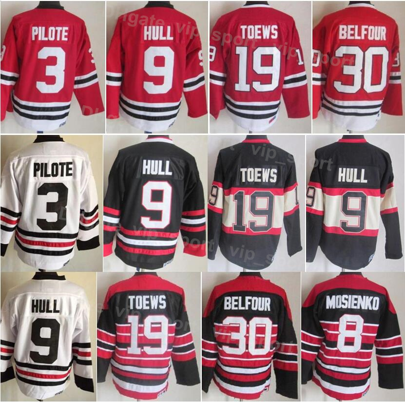 

Men Ice Hockey Vintage Retro 9 Bobby Hull Jerseys 30 Ed Belfour 3 Pierre Pilote 8 Bill Mosienko 10 Patrick Sharp 19 Jonathan Toews All Stitched Black Red White HeiYing, 9 red